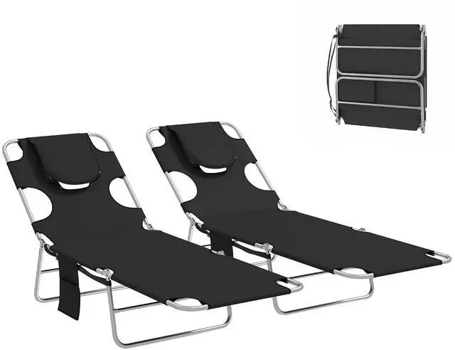 Main image of Chaise Lounge Chair Outdoor Set of 2 w/Face Arm Hole Black | 5-Position Reclining, Face Down, Carry Strap, Side Pocket, Portable, Folding Tanning Bed Cot, for Patio Beach Pool