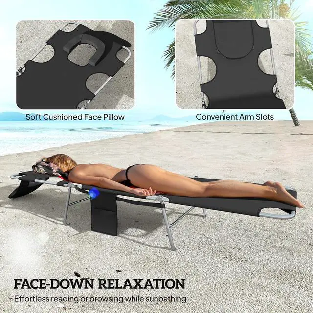 Alt view image 5 of 7 - Chaise Lounge Chair Outdoor Set of 2 w/Face Arm Hole Black | 5-Position Reclining, Face Down, Carry Strap, Side Pocket, Portable, Folding Tanning Bed Cot, for Patio Beach Pool