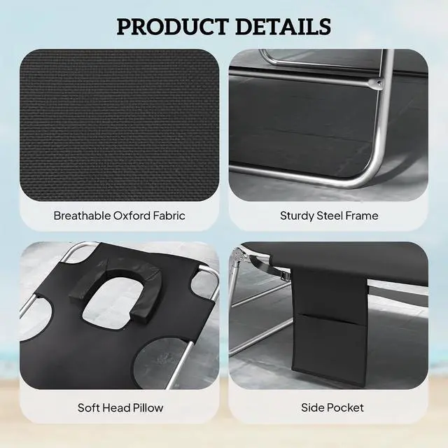 Alt view image 6 of 7 - Chaise Lounge Chair Outdoor Set of 2 w/Face Arm Hole Black | 5-Position Reclining, Face Down, Carry Strap, Side Pocket, Portable, Folding Tanning Bed Cot, for Patio Beach Pool