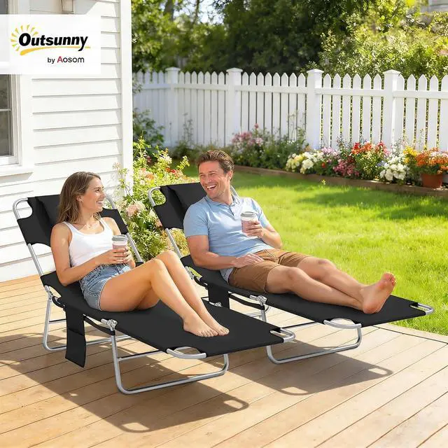 Alt view image 2 of 7 - Chaise Lounge Chair Outdoor Set of 2 w/Face Arm Hole Black | 5-Position Reclining, Face Down, Carry Strap, Side Pocket, Portable, Folding Tanning Bed Cot, for Patio Beach Pool