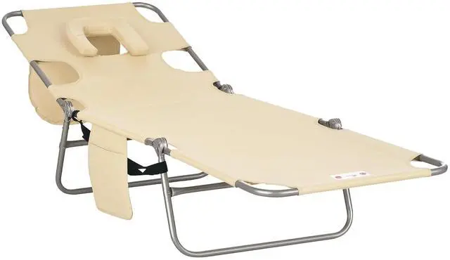 Main image of Chaise Lounge Chair Outdoor w/Face Arm Hole Beige | 5-Position Reclining, Face Down, Carry Strap, Side Pocket, Portable, Folding Tanning Bed Cot, for Patio Beach Pool