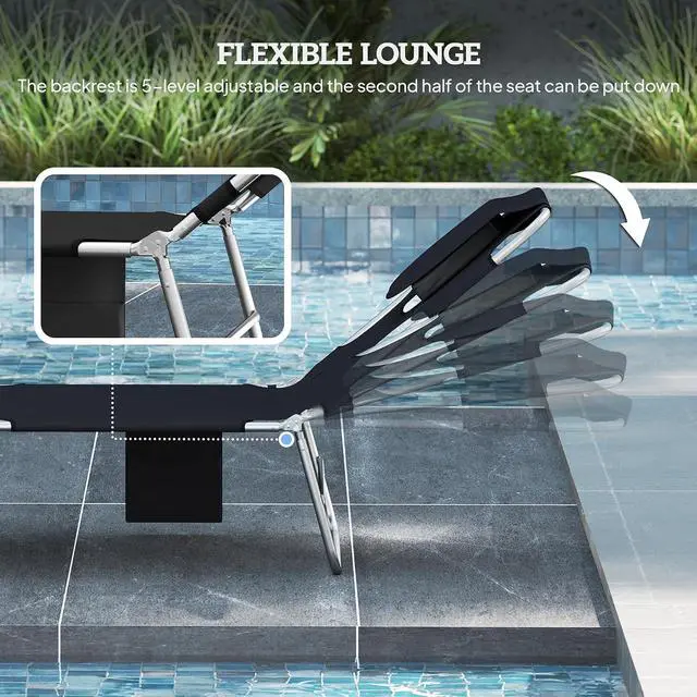 Alt view image 4 of 7 - Chaise Lounge Chair Outdoor Set of 2 w/Face Arm Hole Black | 5-Position Reclining, Face Down, Carry Strap, Side Pocket, Portable, Folding Tanning Bed Cot, for Patio Beach Pool
