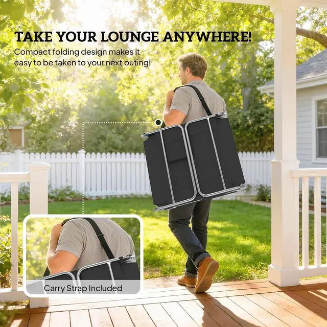 Alt view image 7 of 7 - Chaise Lounge Chair Outdoor Set of 2 w/Face Arm Hole Black | 5-Position Reclining, Face Down, Carry Strap, Side Pocket, Portable, Folding Tanning Bed Cot, for Patio Beach Pool