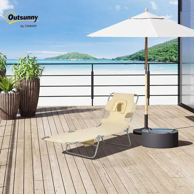 Alt view image 2 of 7 - Chaise Lounge Chair Outdoor w/Face Arm Hole Beige | 5-Position Reclining, Face Down, Carry Strap, Side Pocket, Portable, Folding Tanning Bed Cot, for Patio Beach Pool