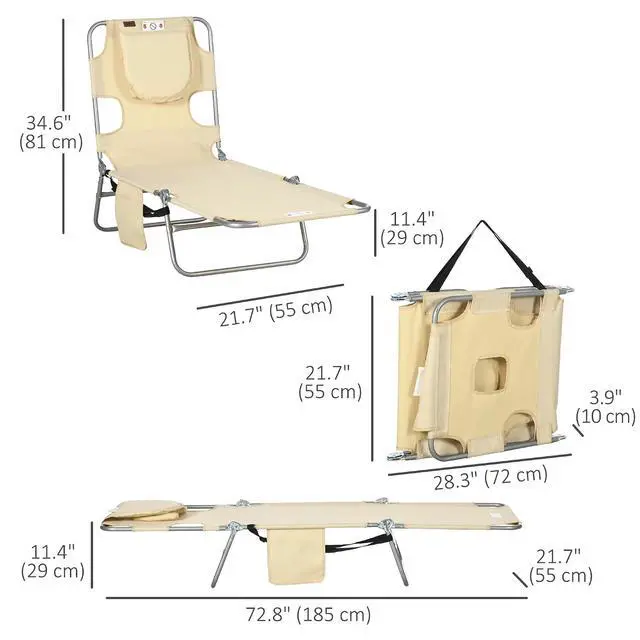Alt view image 3 of 7 - Chaise Lounge Chair Outdoor w/Face Arm Hole Beige | 5-Position Reclining, Face Down, Carry Strap, Side Pocket, Portable, Folding Tanning Bed Cot, for Patio Beach Pool