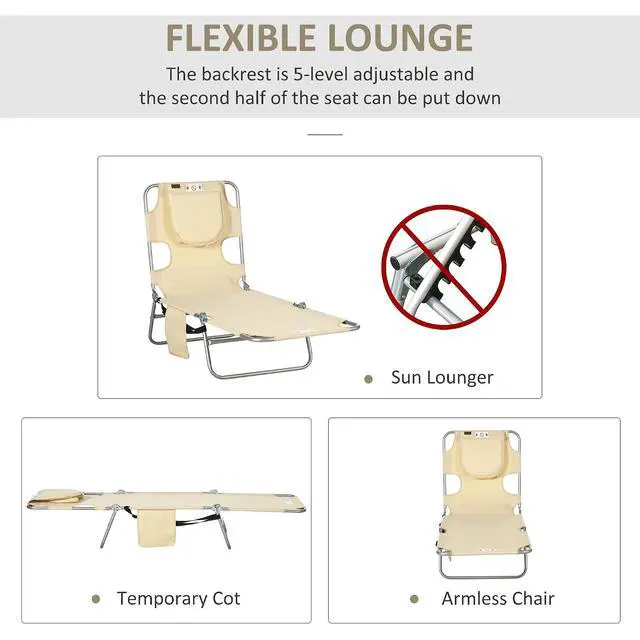 Alt view image 4 of 7 - Chaise Lounge Chair Outdoor w/Face Arm Hole Beige | 5-Position Reclining, Face Down, Carry Strap, Side Pocket, Portable, Folding Tanning Bed Cot, for Patio Beach Pool