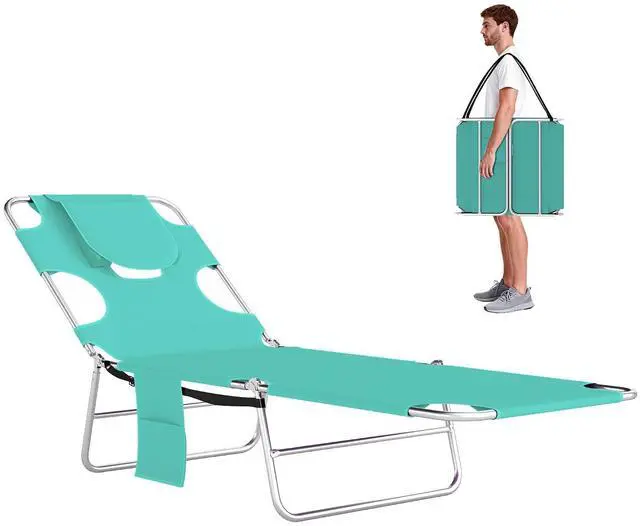 Main image of Chaise Lounge Chair Outdoor w/Face Arm Hole Light Green | 5-Position Reclining, Face Down, Carry Strap, Side Pocket, Portable, Folding Tanning Bed Cot, for Patio Beach Pool
