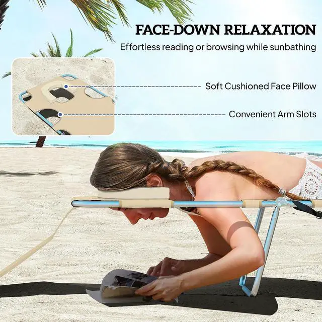 Alt view image 5 of 7 - Chaise Lounge Chair Outdoor w/Face Arm Hole Beige | 5-Position Reclining, Face Down, Carry Strap, Side Pocket, Portable, Folding Tanning Bed Cot, for Patio Beach Pool