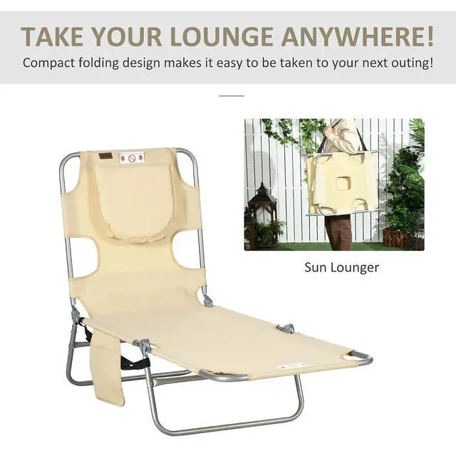 Alt view image 7 of 7 - Chaise Lounge Chair Outdoor w/Face Arm Hole Beige | 5-Position Reclining, Face Down, Carry Strap, Side Pocket, Portable, Folding Tanning Bed Cot, for Patio Beach Pool