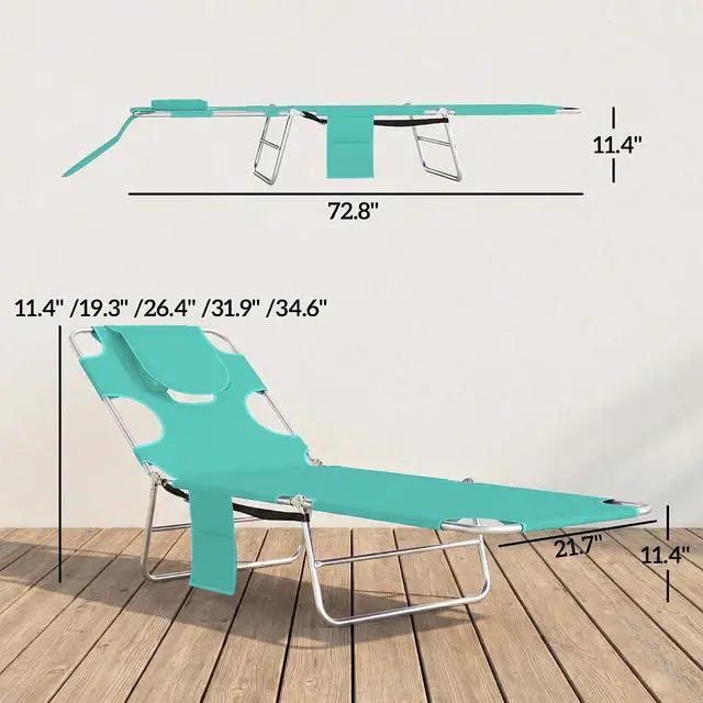 Alt view image 3 of 7 - Chaise Lounge Chair Outdoor w/Face Arm Hole Light Green | 5-Position Reclining, Face Down, Carry Strap, Side Pocket, Portable, Folding Tanning Bed Cot, for Patio Beach Pool