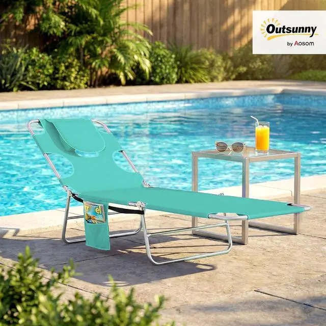 Alt view image 2 of 7 - Chaise Lounge Chair Outdoor w/Face Arm Hole Light Green | 5-Position Reclining, Face Down, Carry Strap, Side Pocket, Portable, Folding Tanning Bed Cot, for Patio Beach Pool