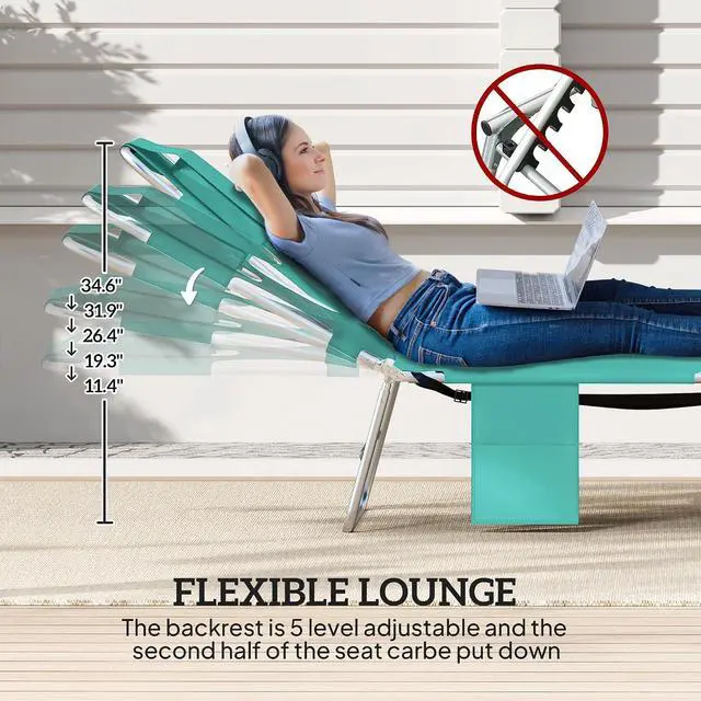 Alt view image 4 of 7 - Chaise Lounge Chair Outdoor w/Face Arm Hole Light Green | 5-Position Reclining, Face Down, Carry Strap, Side Pocket, Portable, Folding Tanning Bed Cot, for Patio Beach Pool