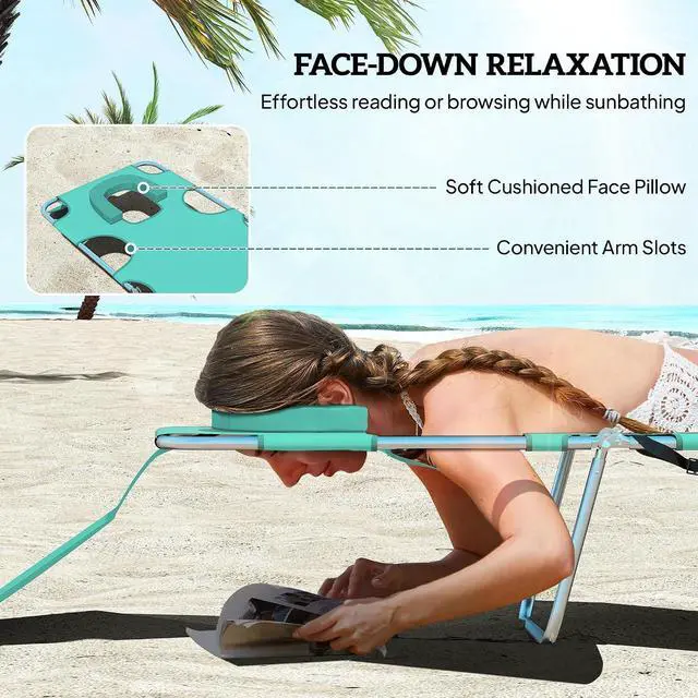 Alt view image 5 of 7 - Chaise Lounge Chair Outdoor w/Face Arm Hole Light Green | 5-Position Reclining, Face Down, Carry Strap, Side Pocket, Portable, Folding Tanning Bed Cot, for Patio Beach Pool