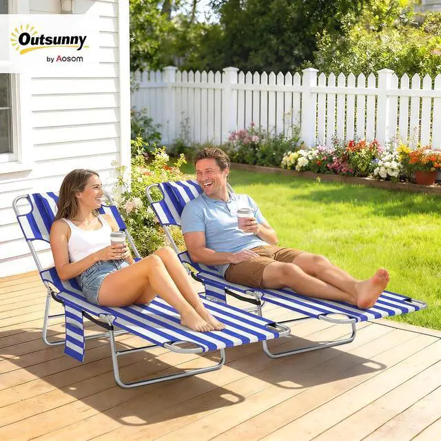 Alt view image 2 of 7 - Chaise Lounge Chair Outdoor Set of 2 w/Face Arm Hole Blue Stripe | 5-Position Reclining, Face Down, Carry Strap, Side Pocket, Portable, Folding Tanning Bed Cot, for Patio Beach Pool