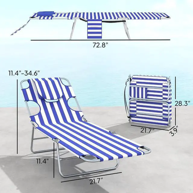 Alt view image 3 of 7 - Chaise Lounge Chair Outdoor Set of 2 w/Face Arm Hole Blue Stripe | 5-Position Reclining, Face Down, Carry Strap, Side Pocket, Portable, Folding Tanning Bed Cot, for Patio Beach Pool