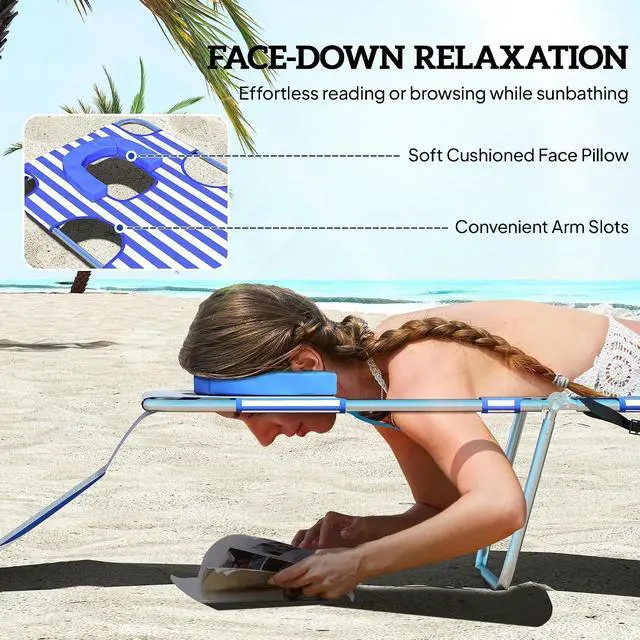 Alt view image 5 of 7 - Chaise Lounge Chair Outdoor Set of 2 w/Face Arm Hole Blue Stripe | 5-Position Reclining, Face Down, Carry Strap, Side Pocket, Portable, Folding Tanning Bed Cot, for Patio Beach Pool