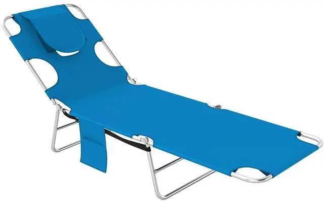 Main image of Chaise Lounge Chair Outdoor w/Face Arm Hole Light Blue | 5-Position Reclining, Face Down, Carry Strap, Side Pocket, Portable, Folding Tanning Bed Cot, for Patio Beach Pool