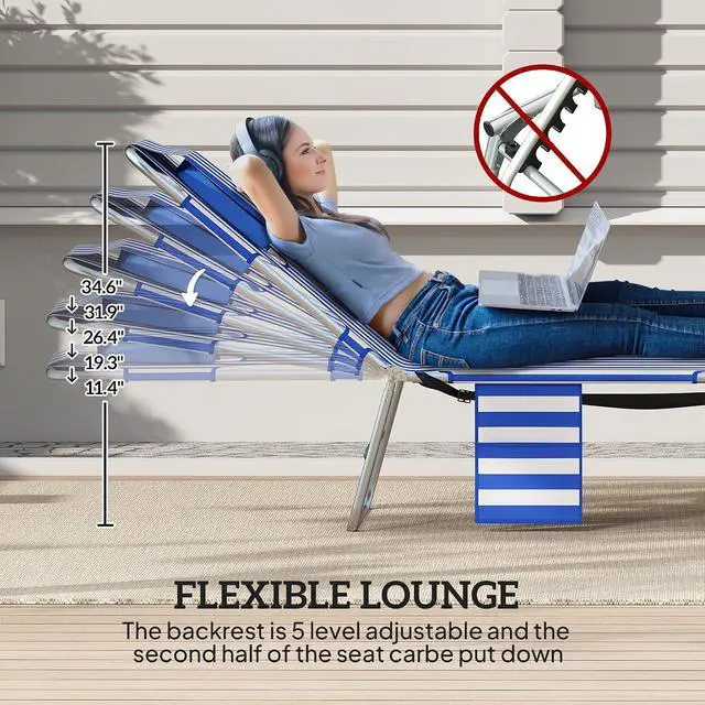 Alt view image 4 of 7 - Chaise Lounge Chair Outdoor Set of 2 w/Face Arm Hole Blue Stripe | 5-Position Reclining, Face Down, Carry Strap, Side Pocket, Portable, Folding Tanning Bed Cot, for Patio Beach Pool