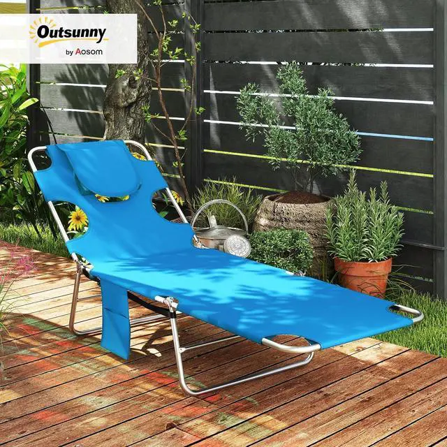 Alt view image 2 of 7 - Chaise Lounge Chair Outdoor w/Face Arm Hole Light Blue | 5-Position Reclining, Face Down, Carry Strap, Side Pocket, Portable, Folding Tanning Bed Cot, for Patio Beach Pool