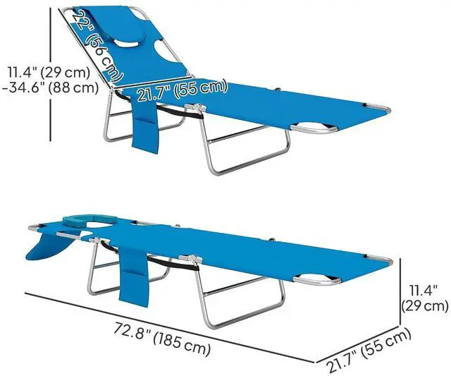 Alt view image 3 of 7 - Chaise Lounge Chair Outdoor w/Face Arm Hole Light Blue | 5-Position Reclining, Face Down, Carry Strap, Side Pocket, Portable, Folding Tanning Bed Cot, for Patio Beach Pool
