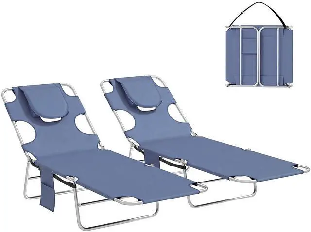 Main image of Chaise Lounge Chair Outdoor Set of 2 w/Face Arm Hole Gray | 5-Position Reclining, Face Down, Carry Strap, Side Pocket, Portable, Folding Tanning Bed Cot, for Patio Beach Pool