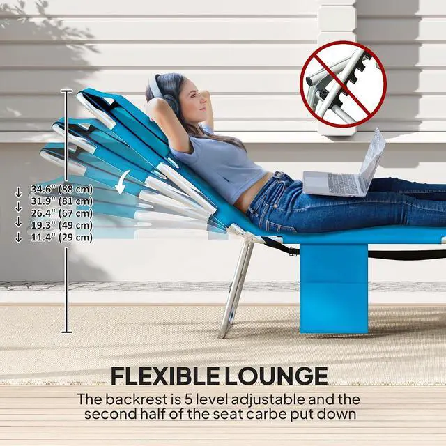Alt view image 4 of 7 - Chaise Lounge Chair Outdoor w/Face Arm Hole Light Blue | 5-Position Reclining, Face Down, Carry Strap, Side Pocket, Portable, Folding Tanning Bed Cot, for Patio Beach Pool