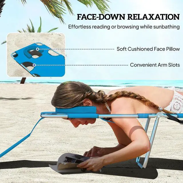 Alt view image 5 of 7 - Chaise Lounge Chair Outdoor w/Face Arm Hole Light Blue | 5-Position Reclining, Face Down, Carry Strap, Side Pocket, Portable, Folding Tanning Bed Cot, for Patio Beach Pool