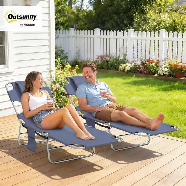 Alt view image 2 of 7 - Chaise Lounge Chair Outdoor Set of 2 w/Face Arm Hole Gray | 5-Position Reclining, Face Down, Carry Strap, Side Pocket, Portable, Folding Tanning Bed Cot, for Patio Beach Pool
