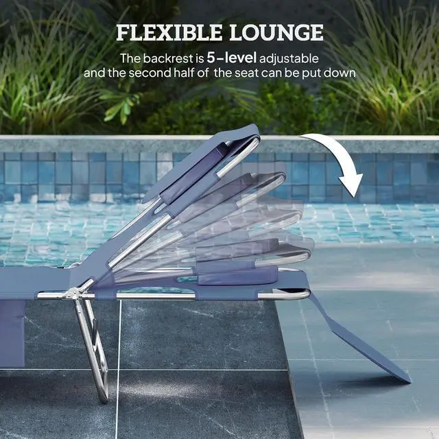 Alt view image 4 of 7 - Chaise Lounge Chair Outdoor Set of 2 w/Face Arm Hole Gray | 5-Position Reclining, Face Down, Carry Strap, Side Pocket, Portable, Folding Tanning Bed Cot, for Patio Beach Pool