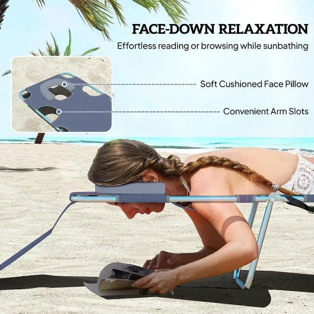 Alt view image 5 of 7 - Chaise Lounge Chair Outdoor Set of 2 w/Face Arm Hole Gray | 5-Position Reclining, Face Down, Carry Strap, Side Pocket, Portable, Folding Tanning Bed Cot, for Patio Beach Pool