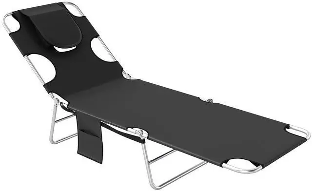 Main image of Chaise Lounge Chair Outdoor w/Face Arm Hole Black | 5-Position Reclining, Face Down, Carry Strap, Side Pocket, Portable, Folding Tanning Bed Cot, for Patio Beach Pool
