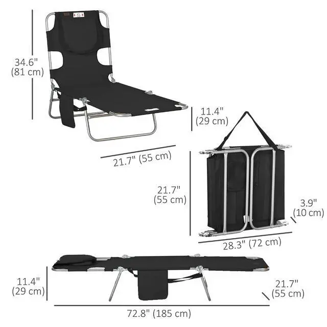 Alt view image 3 of 7 - Chaise Lounge Chair Outdoor w/Face Arm Hole Black | 5-Position Reclining, Face Down, Carry Strap, Side Pocket, Portable, Folding Tanning Bed Cot, for Patio Beach Pool
