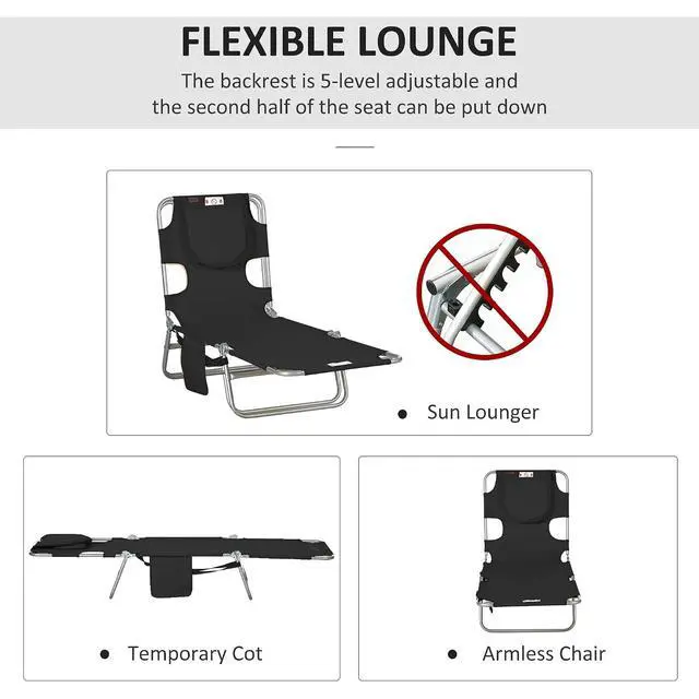 Alt view image 4 of 7 - Chaise Lounge Chair Outdoor w/Face Arm Hole Black | 5-Position Reclining, Face Down, Carry Strap, Side Pocket, Portable, Folding Tanning Bed Cot, for Patio Beach Pool