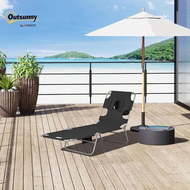 Alt view image 2 of 7 - Chaise Lounge Chair Outdoor w/Face Arm Hole Black | 5-Position Reclining, Face Down, Carry Strap, Side Pocket, Portable, Folding Tanning Bed Cot, for Patio Beach Pool