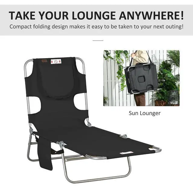 Alt view image 7 of 7 - Chaise Lounge Chair Outdoor w/Face Arm Hole Black | 5-Position Reclining, Face Down, Carry Strap, Side Pocket, Portable, Folding Tanning Bed Cot, for Patio Beach Pool