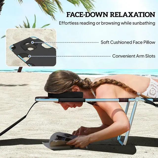 Alt view image 5 of 7 - Chaise Lounge Chair Outdoor w/Face Arm Hole Black | 5-Position Reclining, Face Down, Carry Strap, Side Pocket, Portable, Folding Tanning Bed Cot, for Patio Beach Pool