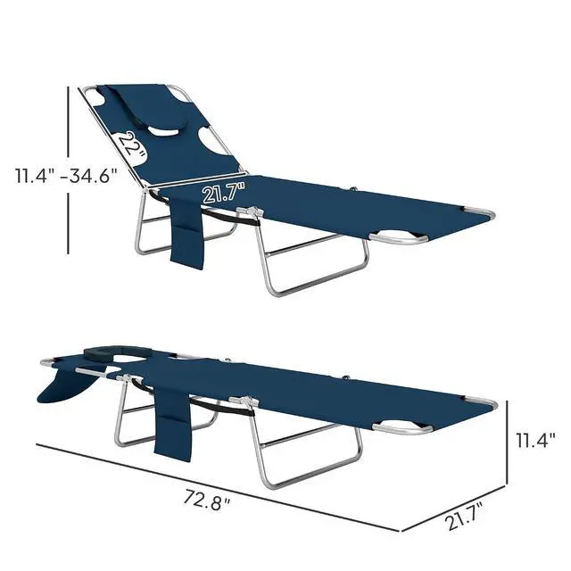 Alt view image 3 of 7 - Chaise Lounge Chair Outdoor w/Face Arm Hole Dark Blue | 5-Position Reclining, Face Down, Carry Strap, Side Pocket, Portable, Folding Tanning Bed Cot, for Patio Beach Pool