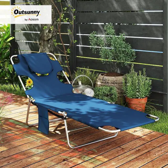 Alt view image 2 of 7 - Chaise Lounge Chair Outdoor w/Face Arm Hole Dark Blue | 5-Position Reclining, Face Down, Carry Strap, Side Pocket, Portable, Folding Tanning Bed Cot, for Patio Beach Pool