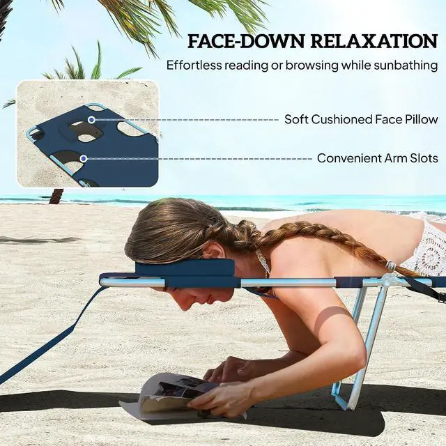 Alt view image 5 of 7 - Chaise Lounge Chair Outdoor w/Face Arm Hole Dark Blue | 5-Position Reclining, Face Down, Carry Strap, Side Pocket, Portable, Folding Tanning Bed Cot, for Patio Beach Pool