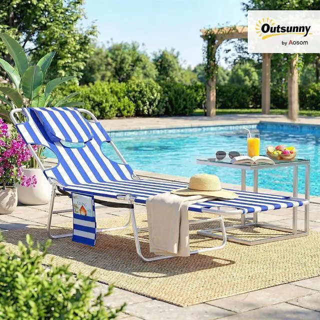 Alt view image 2 of 7 - Chaise Lounge Chair Outdoor w/Face Arm Hole Blue Stripe | 5-Position Reclining, Face Down, Carry Strap, Side Pocket, Portable, Folding Tanning Bed Cot, for Patio Beach Pool