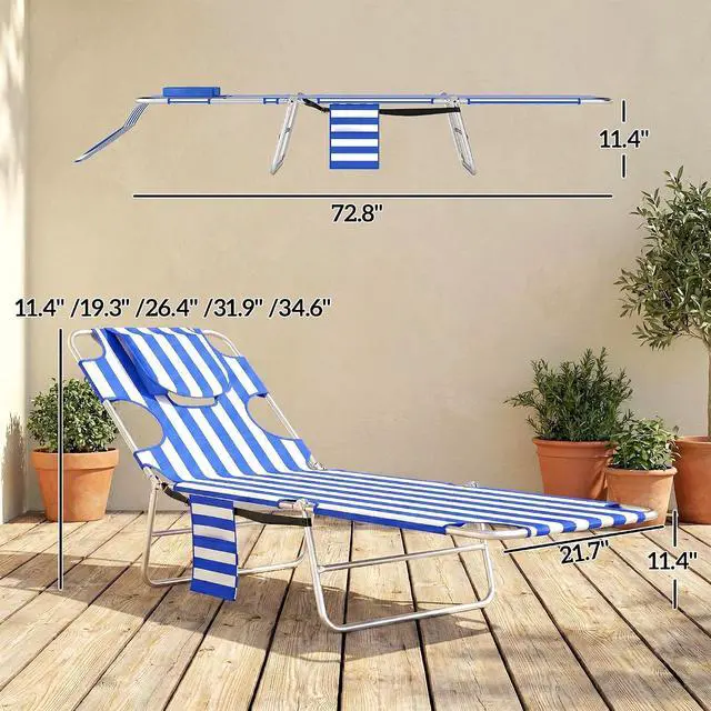 Alt view image 3 of 7 - Chaise Lounge Chair Outdoor w/Face Arm Hole Blue Stripe | 5-Position Reclining, Face Down, Carry Strap, Side Pocket, Portable, Folding Tanning Bed Cot, for Patio Beach Pool