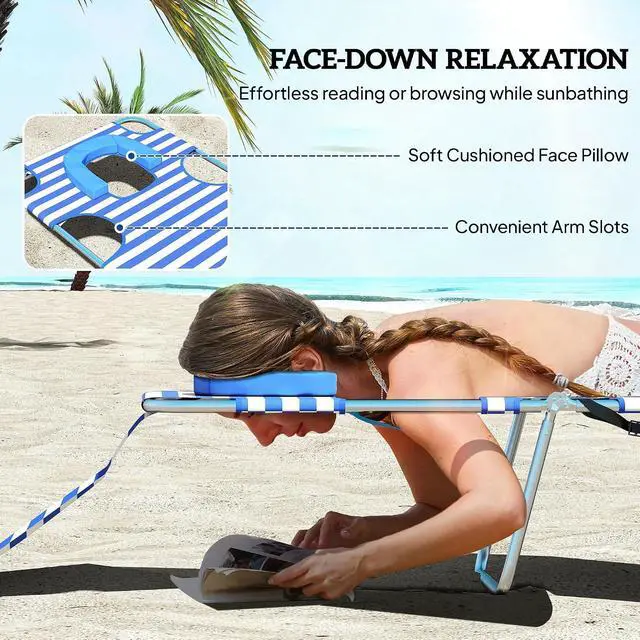 Alt view image 5 of 7 - Chaise Lounge Chair Outdoor w/Face Arm Hole Blue Stripe | 5-Position Reclining, Face Down, Carry Strap, Side Pocket, Portable, Folding Tanning Bed Cot, for Patio Beach Pool