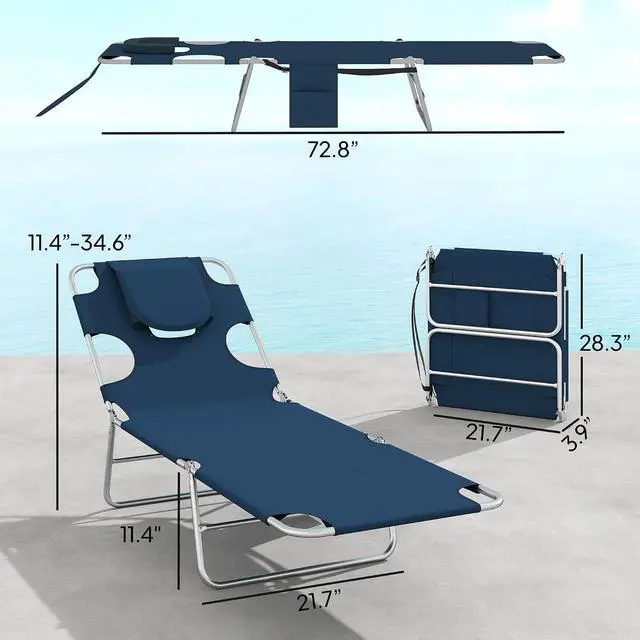 Alt view image 3 of 7 - Chaise Lounge Chair Outdoor Set of 2 w/Face Arm Hole Dark Blue | 5-Position Reclining, Face Down, Carry Strap, Side Pocket, Portable, Folding Tanning Bed Cot, for Patio Beach Pool