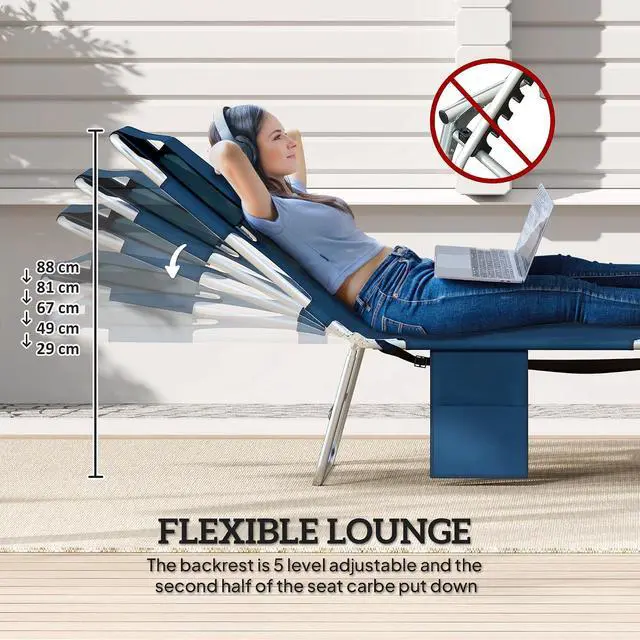 Alt view image 4 of 7 - Chaise Lounge Chair Outdoor Set of 2 w/Face Arm Hole Dark Blue | 5-Position Reclining, Face Down, Carry Strap, Side Pocket, Portable, Folding Tanning Bed Cot, for Patio Beach Pool