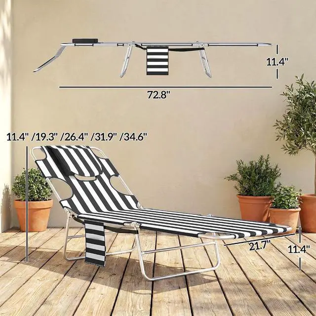 Alt view image 3 of 7 - Chaise Lounge Chair Outdoor w/Face Arm Hole Black Stripe | 5-Position Reclining, Face Down, Carry Strap, Side Pocket, Portable, Folding Tanning Bed Cot, for Patio Beach Pool