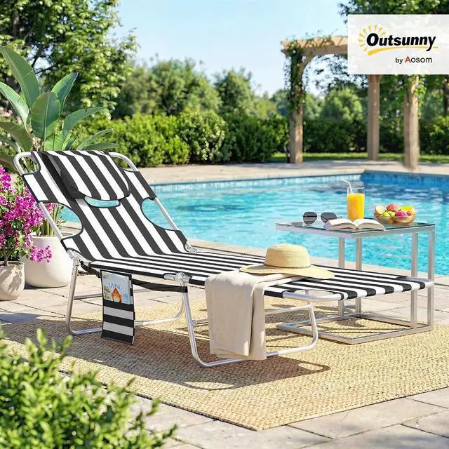Alt view image 2 of 7 - Chaise Lounge Chair Outdoor w/Face Arm Hole Black Stripe | 5-Position Reclining, Face Down, Carry Strap, Side Pocket, Portable, Folding Tanning Bed Cot, for Patio Beach Pool