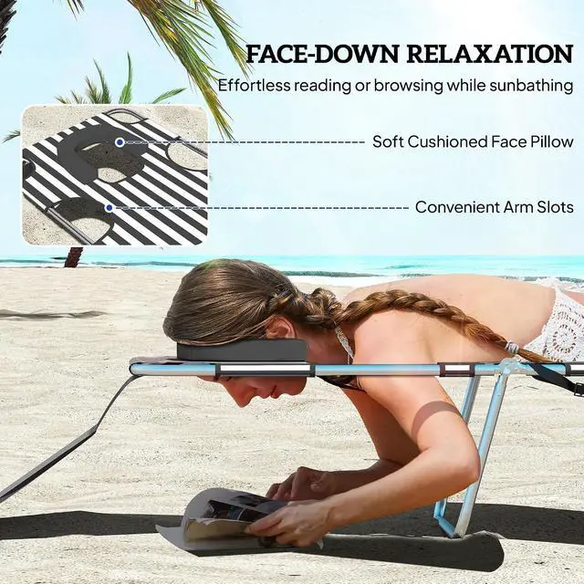 Alt view image 5 of 7 - Chaise Lounge Chair Outdoor w/Face Arm Hole Black Stripe | 5-Position Reclining, Face Down, Carry Strap, Side Pocket, Portable, Folding Tanning Bed Cot, for Patio Beach Pool
