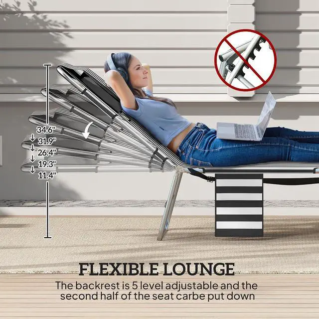Alt view image 4 of 7 - Chaise Lounge Chair Outdoor w/Face Arm Hole Black Stripe | 5-Position Reclining, Face Down, Carry Strap, Side Pocket, Portable, Folding Tanning Bed Cot, for Patio Beach Pool