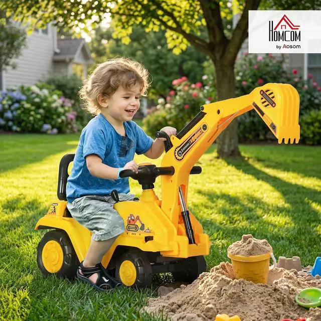 Alt view image 2 of 7 - Ride On Excavator Pull Cart Kids Digger with Horn Ages 18-48 Months | Ride on Truck, Under Seat Storage, Sit and Scoot, Pretend Play Toy Construction Car