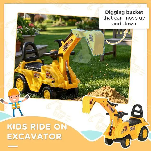 Alt view image 3 of 7 - Ride On Excavator Pull Cart Kids Digger with Horn Ages 18-48 Months | Ride on Truck, Under Seat Storage, Sit and Scoot, Pretend Play Toy Construction Car